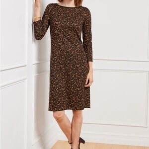 Talbots Faux Leather Trim A-Line 3/4 Sleeve Dress - Fall Leopard Women's 16